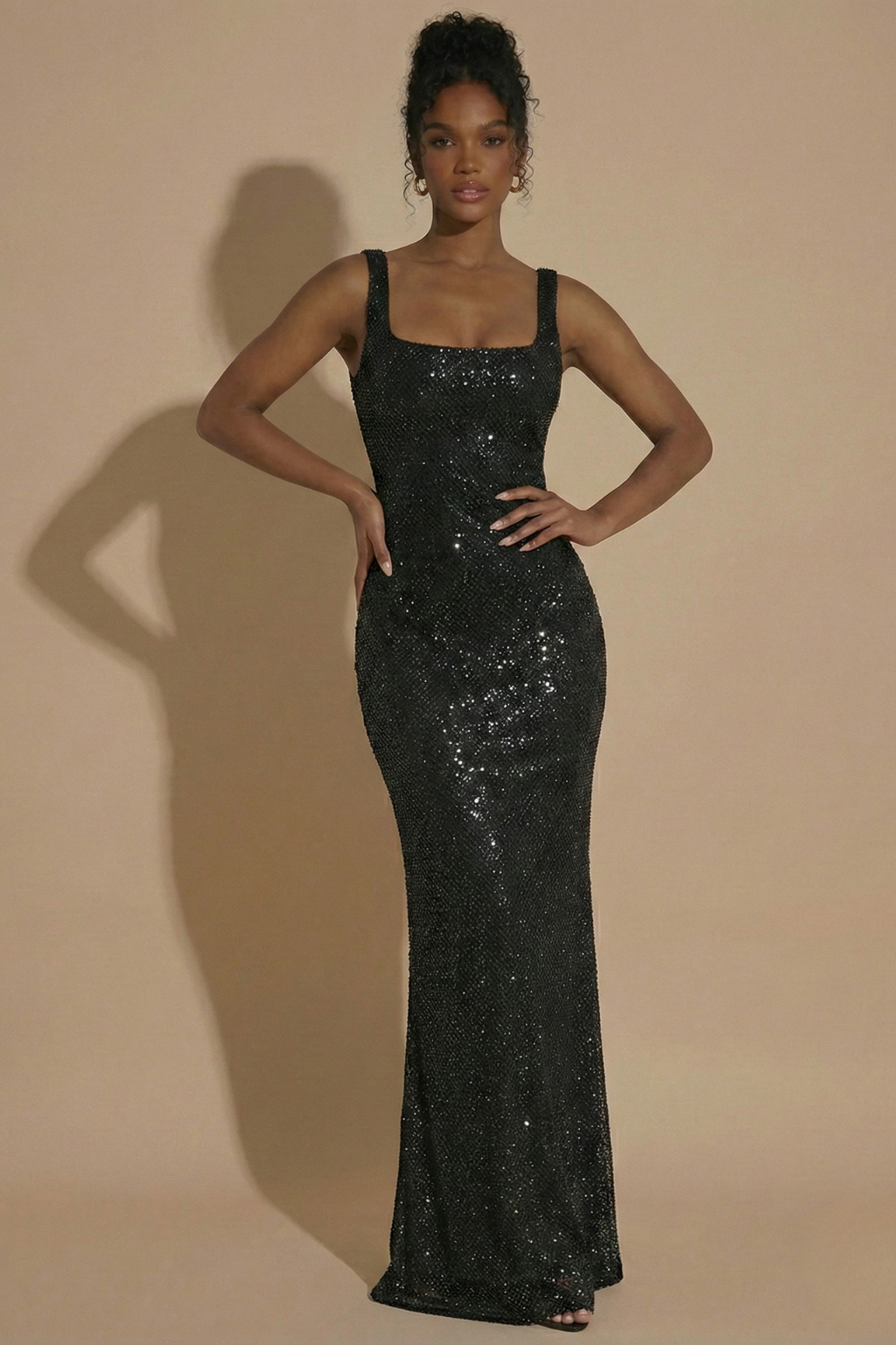 Embellished Square Neck Maxi Evening Gown with Sculpted Silhouette
