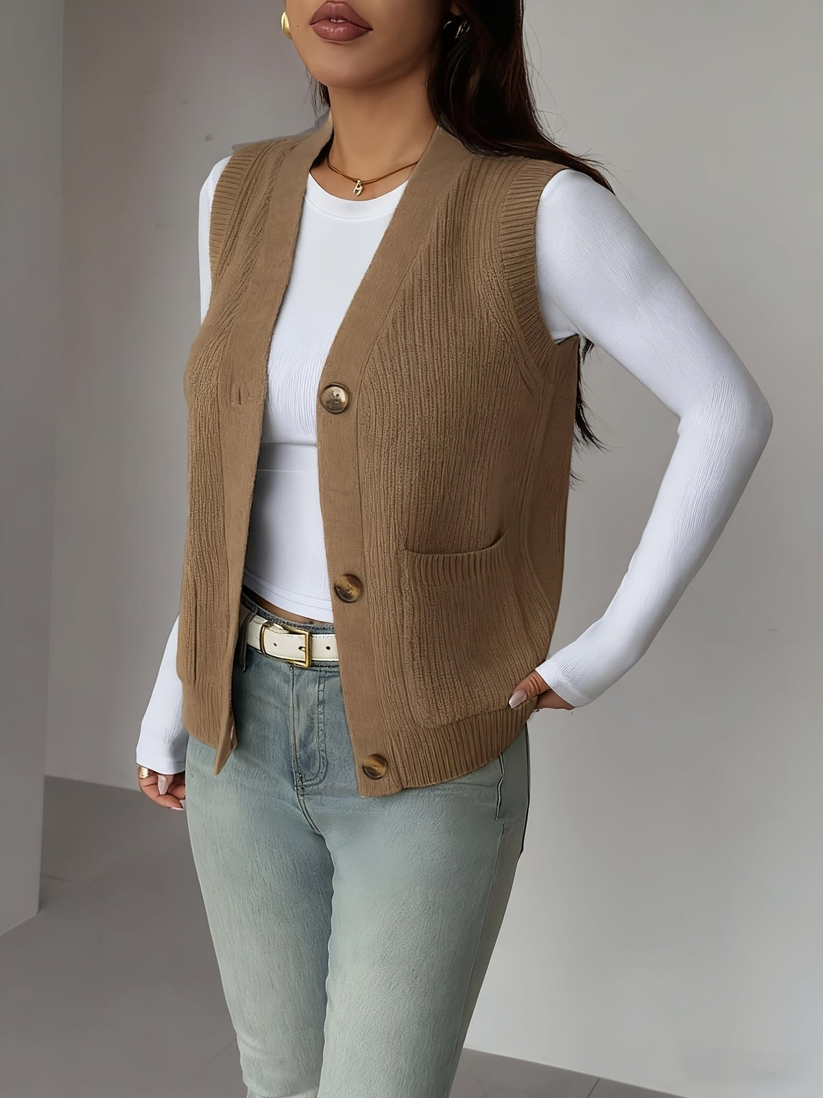 Sleeveless Knit Vest with Button Front and Front Pockets, Relaxed Fit