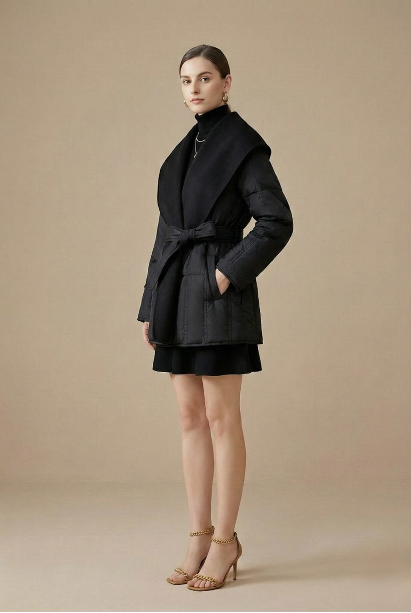 Women’s Belted Winter Down Jacket with Oversized Shawl Collar