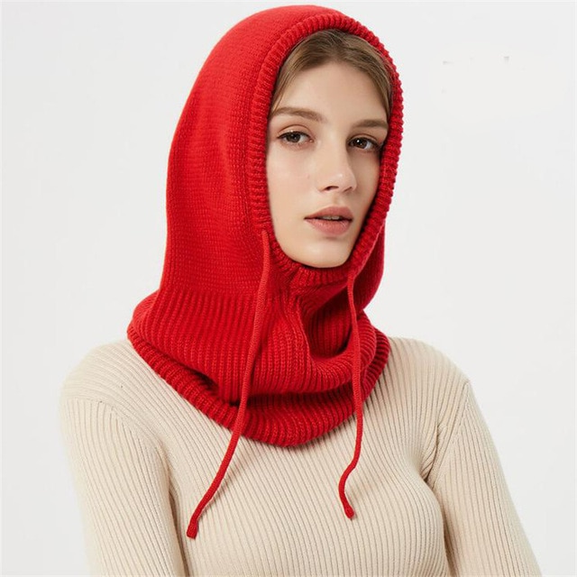 Knit Beanie with Attached Hood and Drawstring Adjustment for Wind Protection