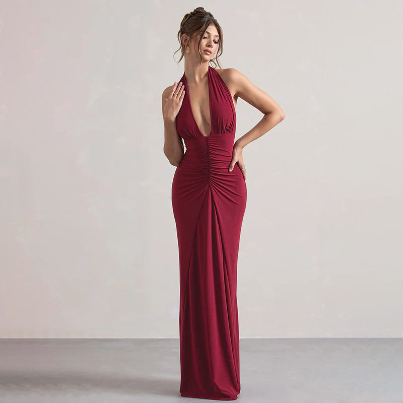 Women's Formal Maxi Dress - Deep Plunge Halter Neck - Ruched Silhouette