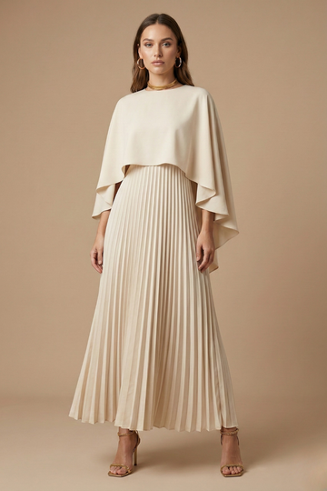 Elegant Pleated Maxi Dress with Cape Overlay and Flowing Silhouette