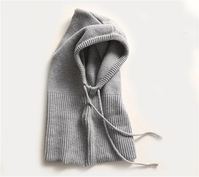 Knit Beanie with Attached Hood and Drawstring Adjustment for Wind Protection