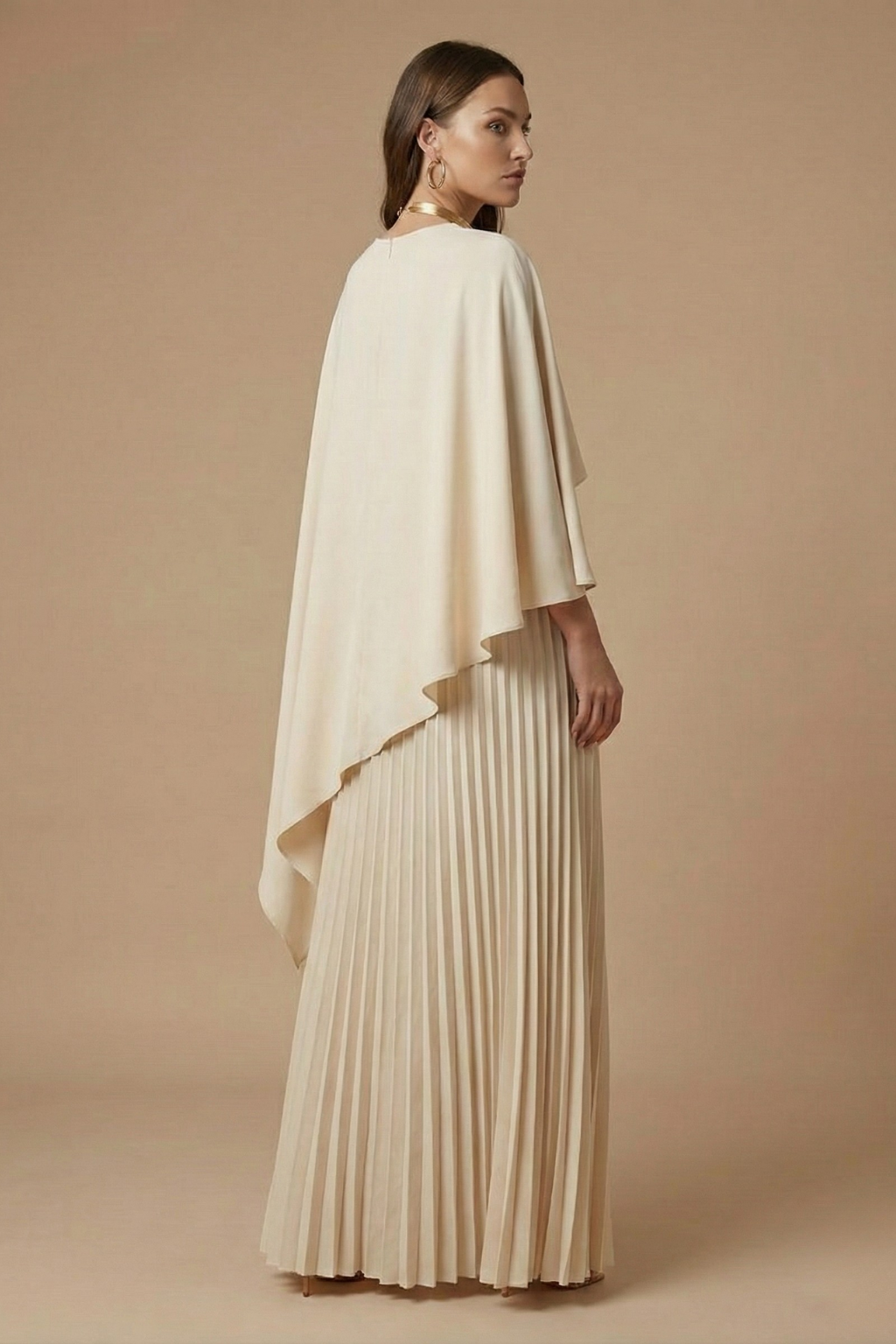 Elegant Pleated Maxi Dress with Cape Overlay and Flowing Silhouette