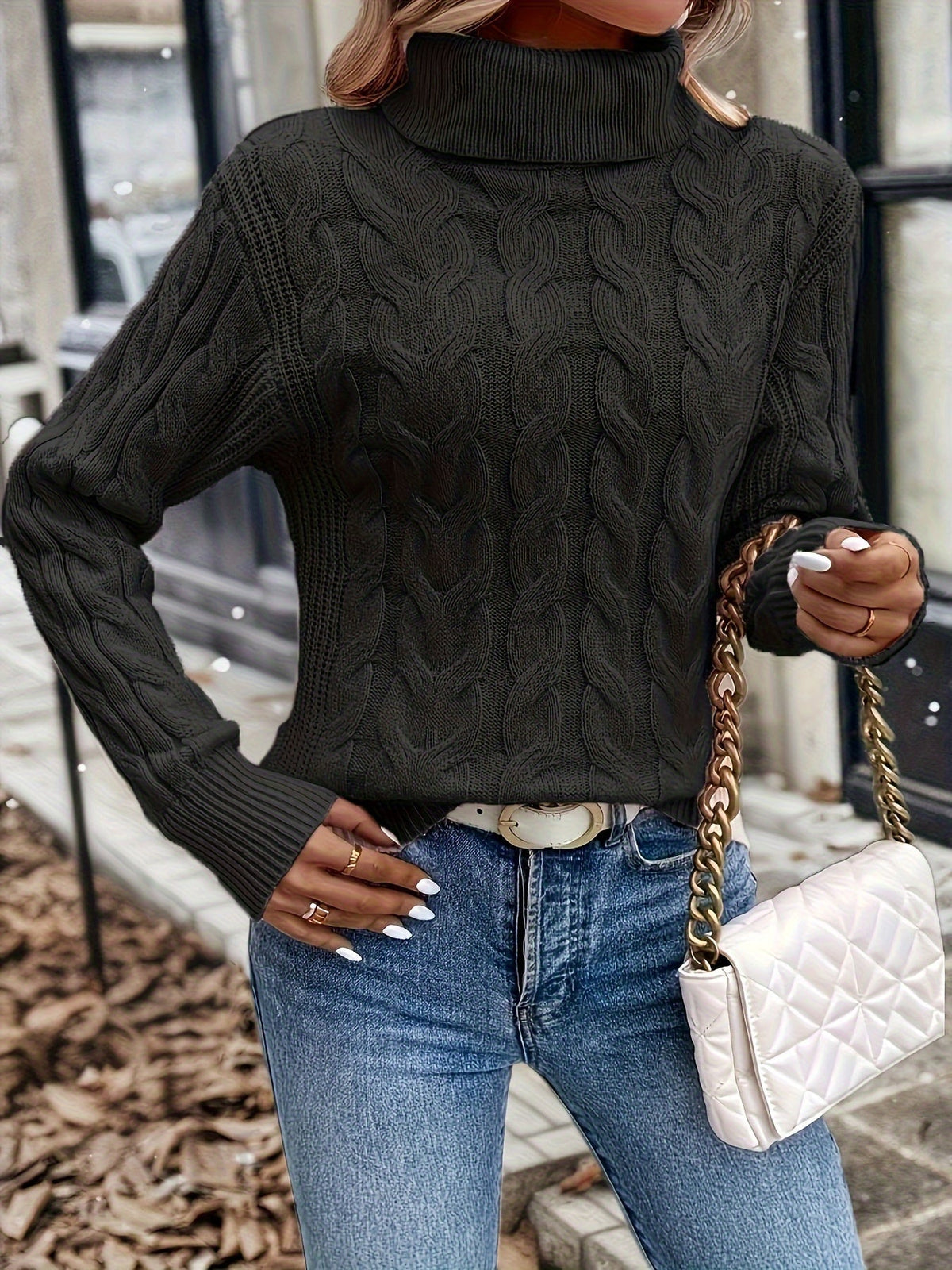 Turtleneck Sweater with Cable Knit Pattern and Relaxed Fit, Full Length Sleeves