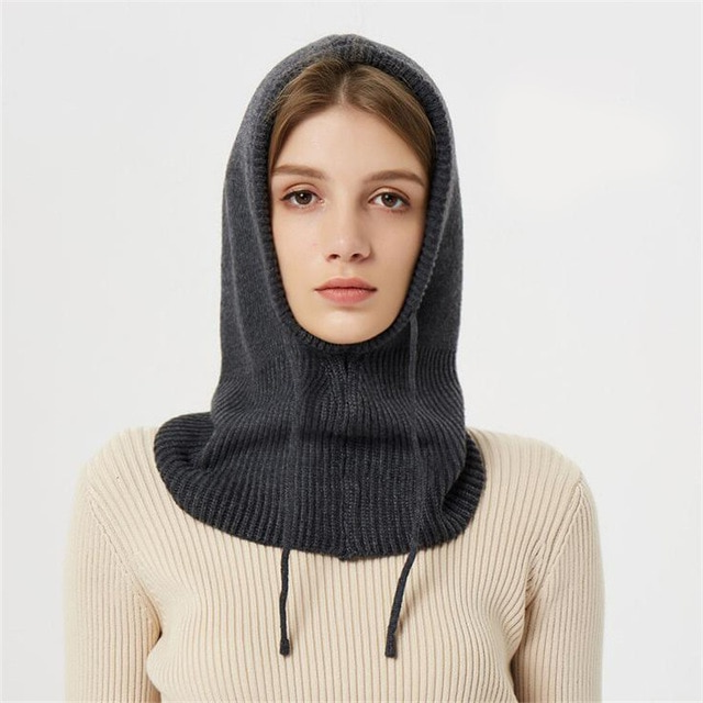 Knit Beanie with Attached Hood and Drawstring Adjustment for Wind Protection