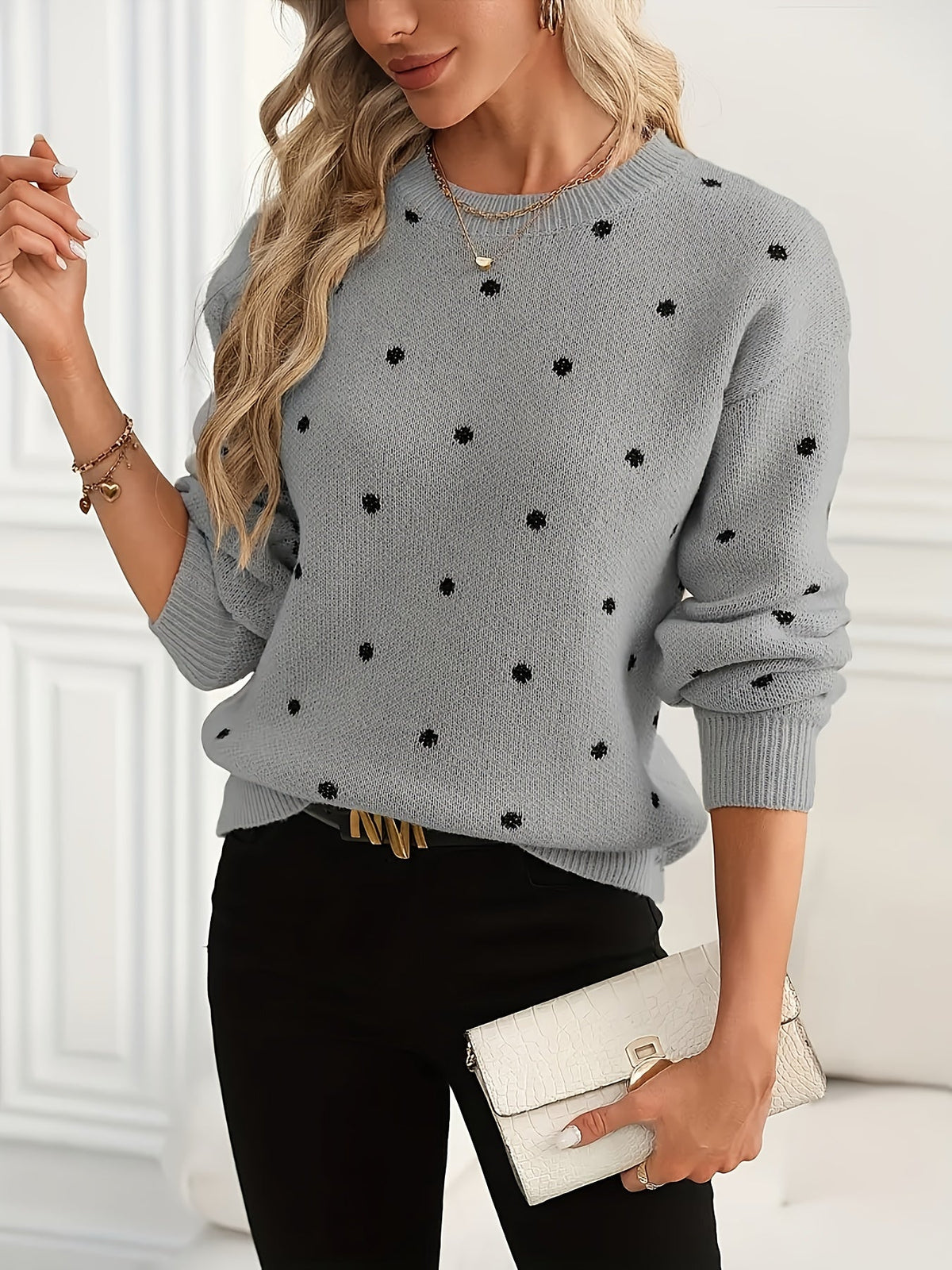 Polka Dot Crew Neck Sweater with Light Stretch and Ribbed Cuffs, Relaxed Fit