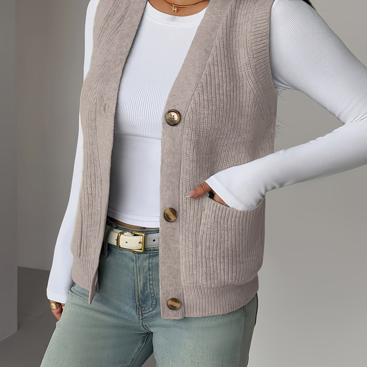 Sleeveless Knit Vest with Button Front and Front Pockets, Relaxed Fit
