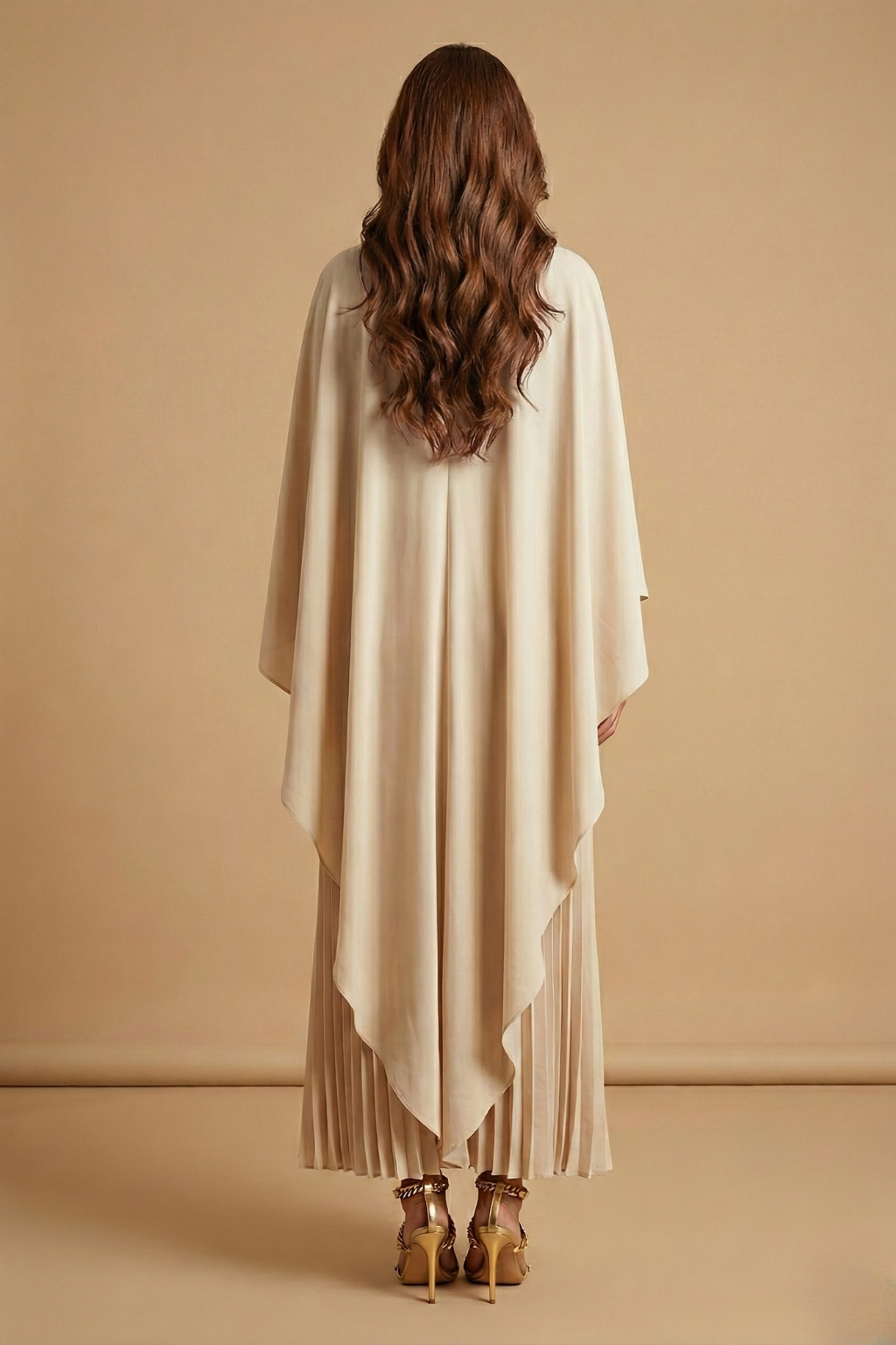 Elegant Pleated Maxi Dress with Cape Overlay and Flowing Silhouette