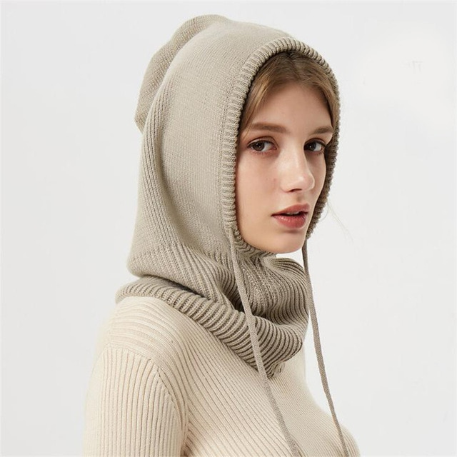 Knit Beanie with Attached Hood and Drawstring Adjustment for Wind Protection