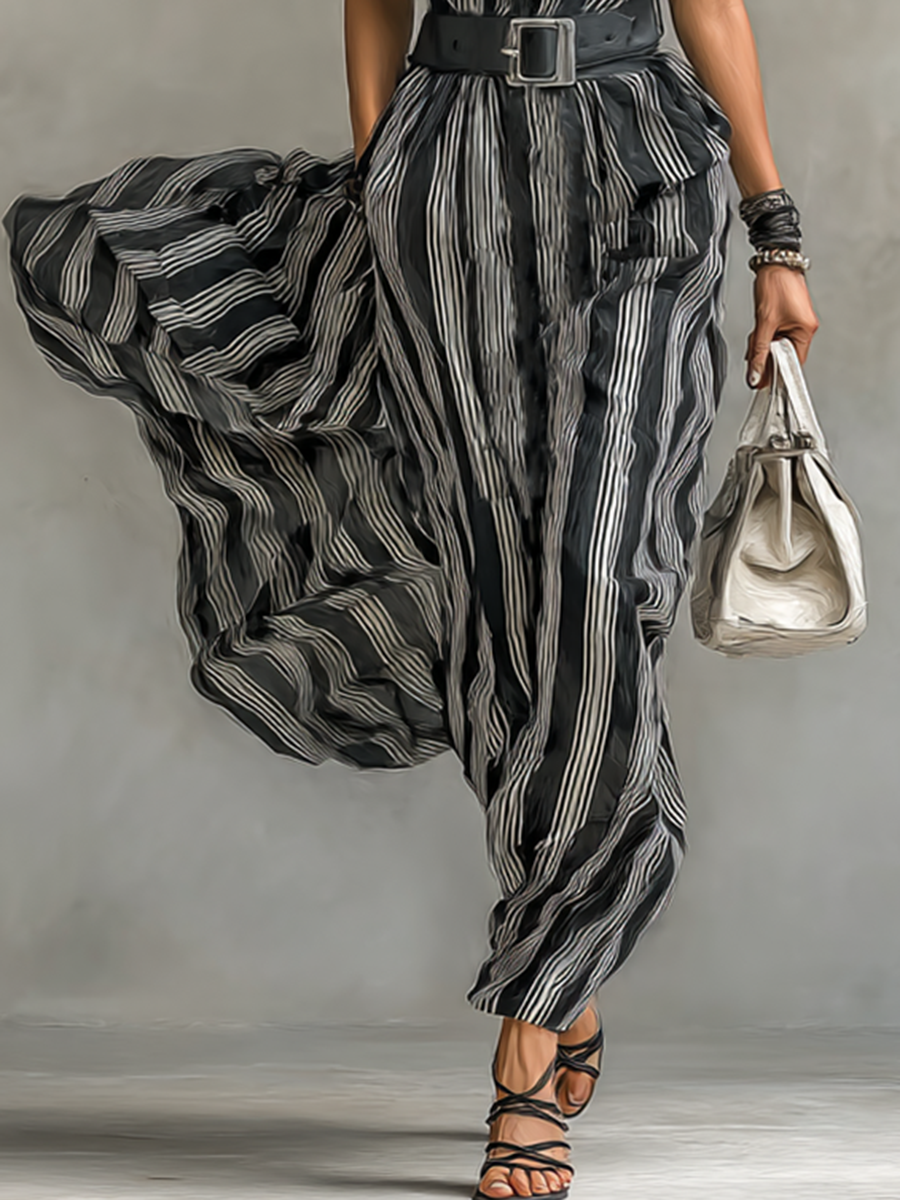 Women's Chiffon Striped Maxi Dress Shirt Style
