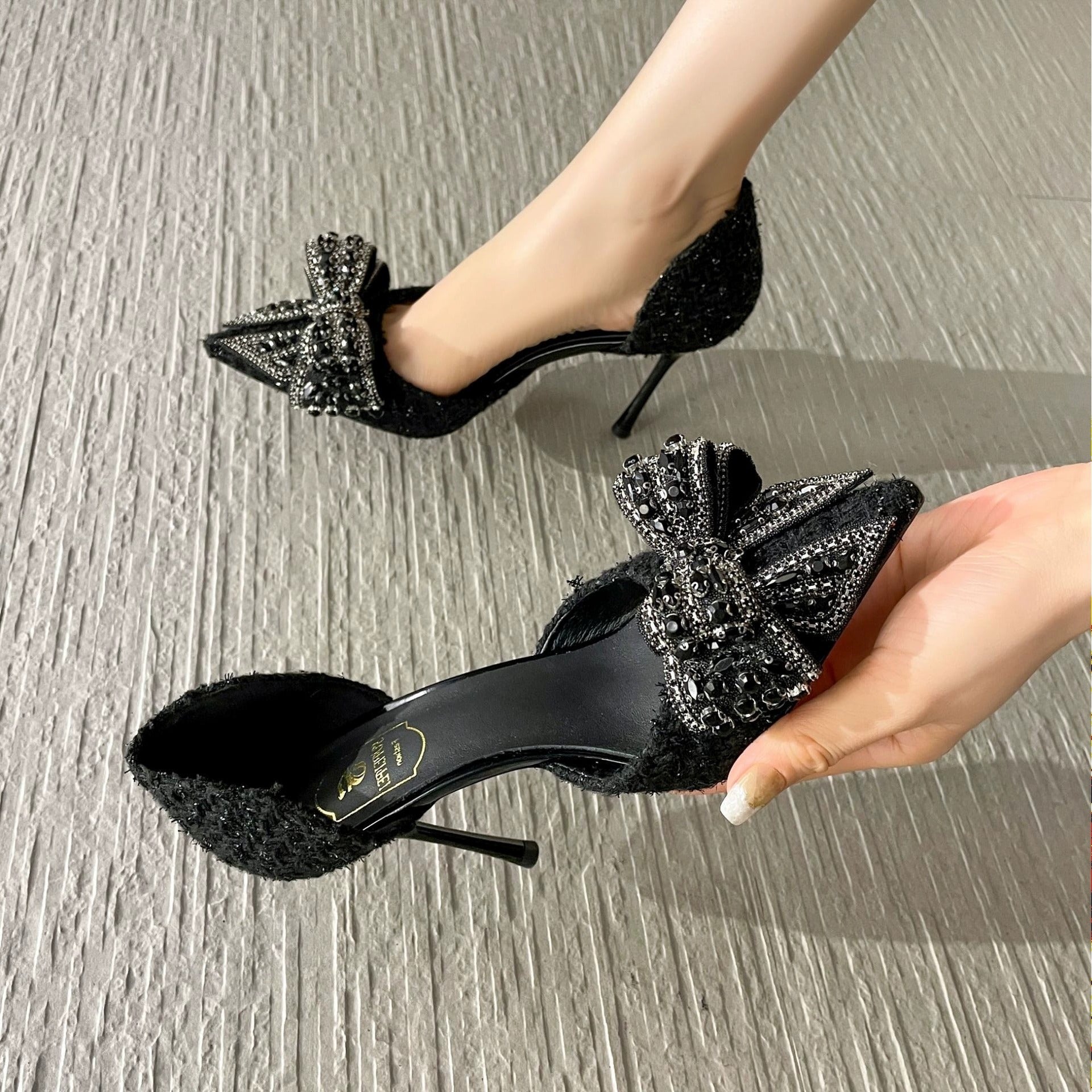 Women's Stiletto Heels - Pointed Toe - Embellished Bow Detail - D'Orsay Cut
