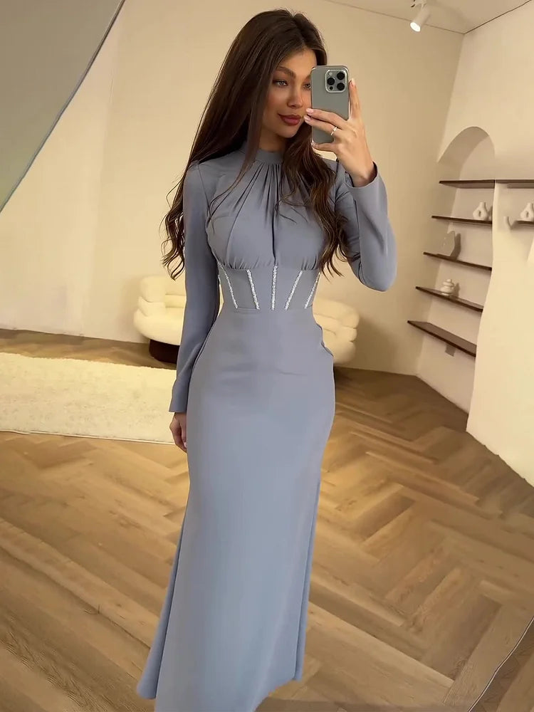 Women's Long Sleeve Corset Detail Maxi Dress - Gathered Crew Neck