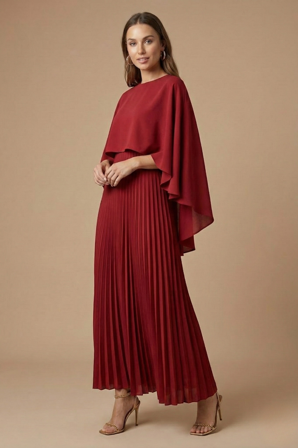 Elegant Pleated Maxi Dress with Cape Overlay and Flowing Silhouette