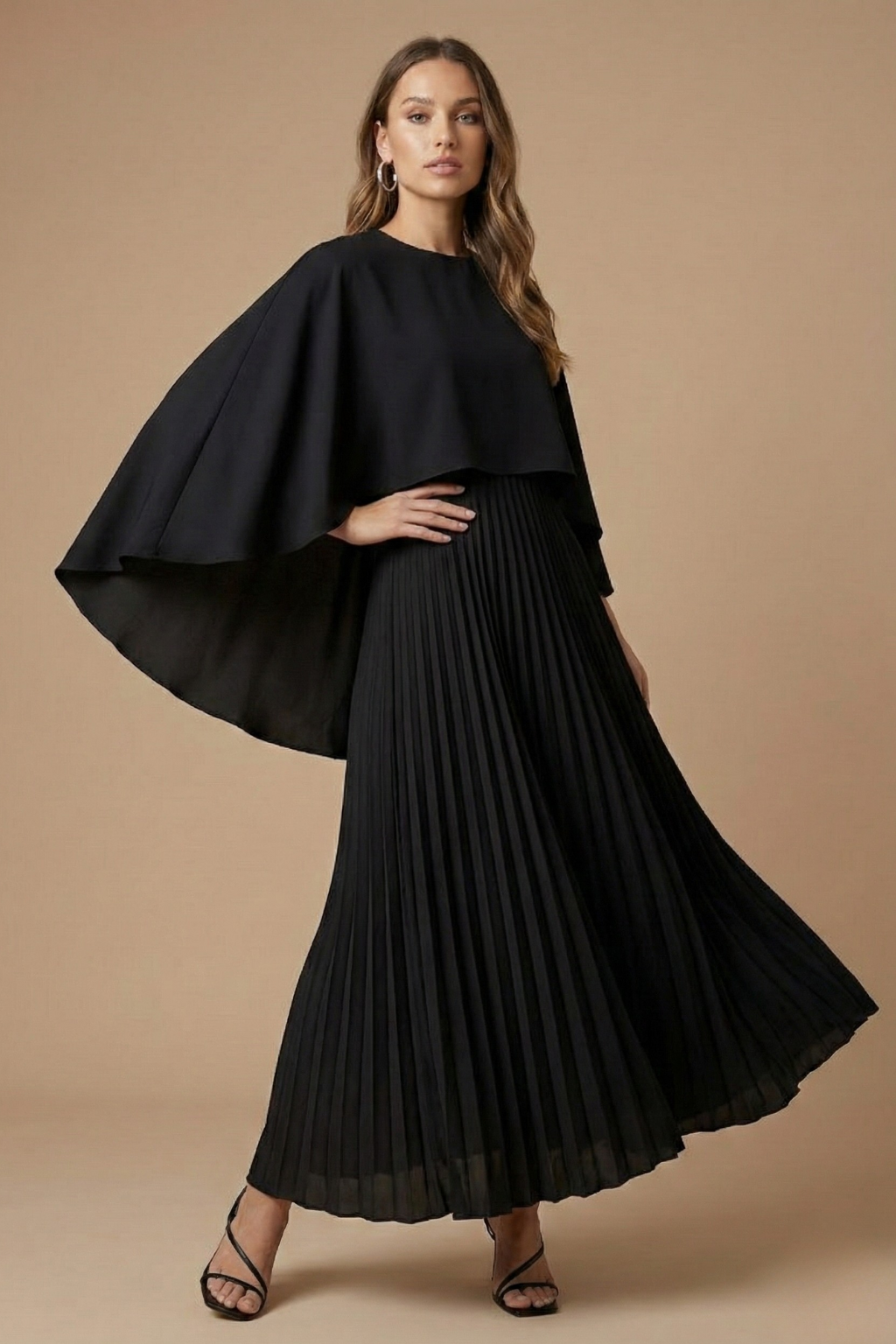 Elegant Pleated Maxi Dress with Cape Overlay and Flowing Silhouette