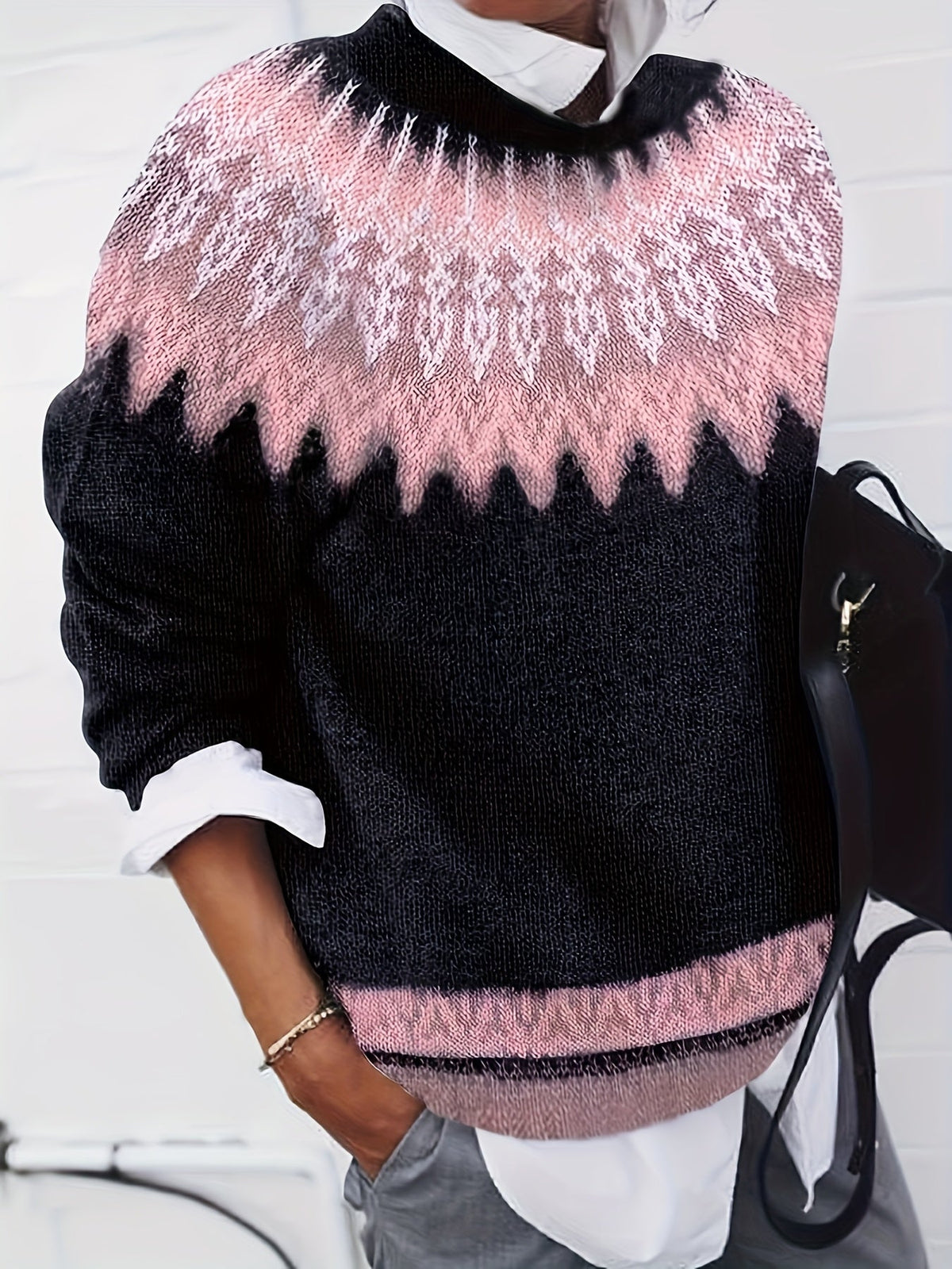 Chunky Knit Sweater with Jacquard Weave Pattern and Round Neck, Hip Length
