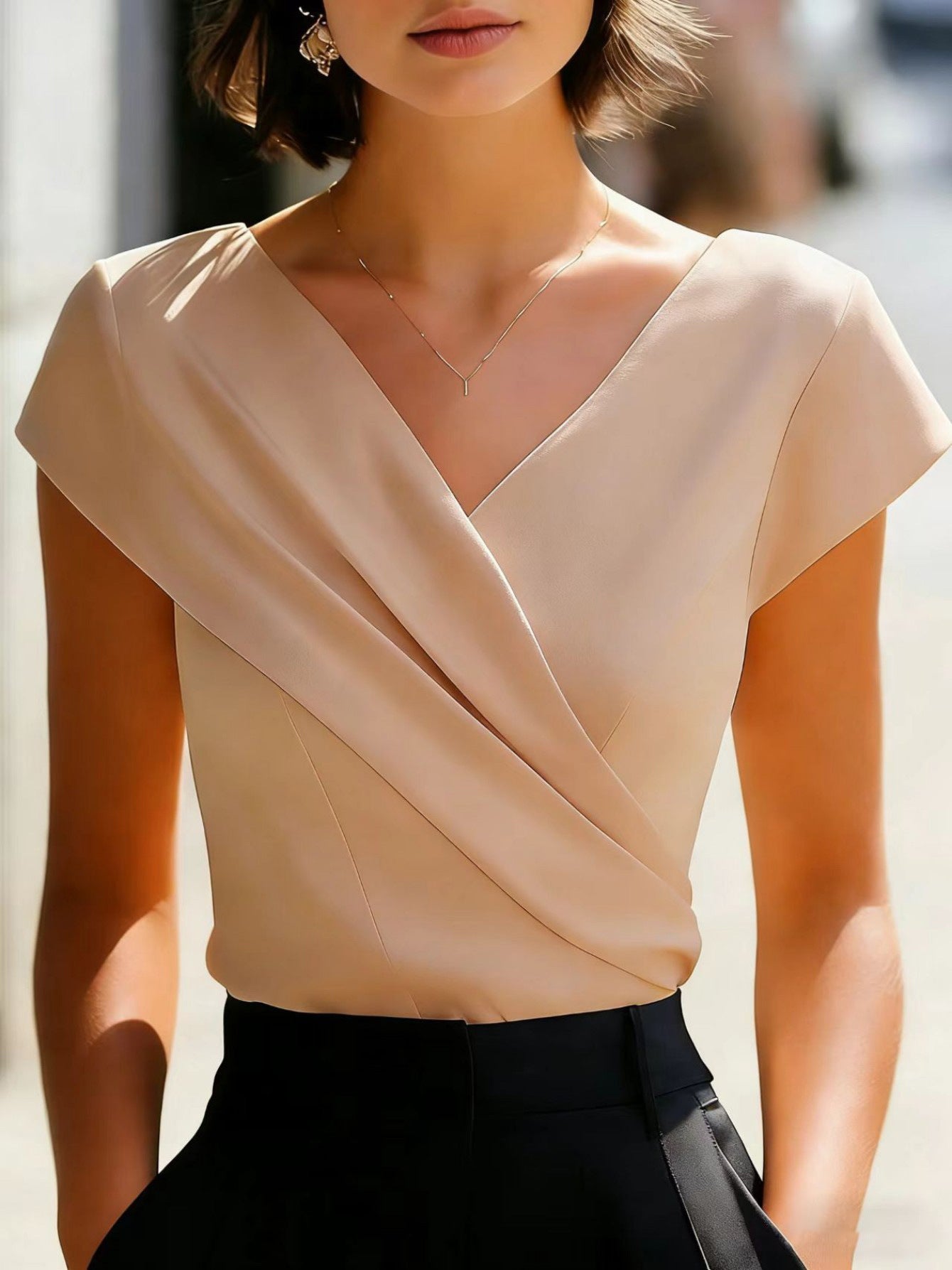Women's V-Neck Cap Sleeve Crossover Draped Wrap Blouse
