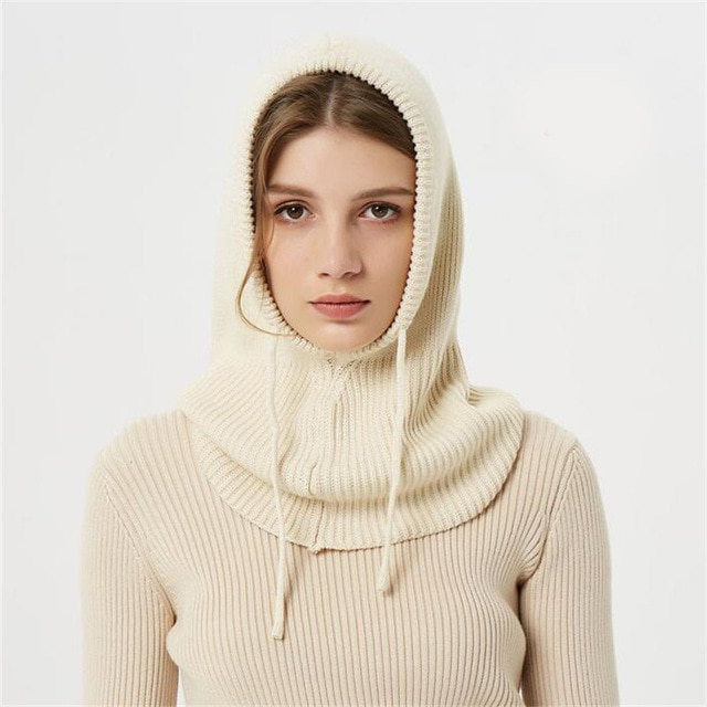 Knit Beanie with Attached Hood and Drawstring Adjustment for Wind Protection