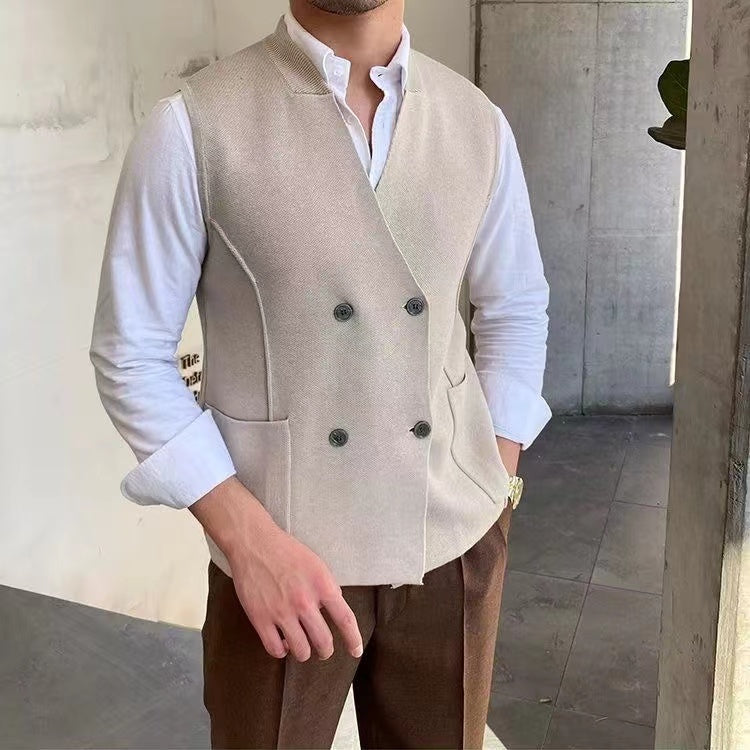 Sleeveless Knitted Vest with Double Breasted Closure and Front Pockets