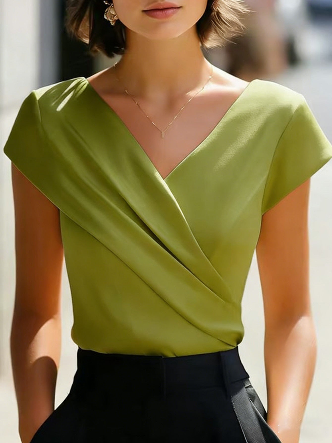 Women's V-Neck Cap Sleeve Crossover Draped Wrap Blouse