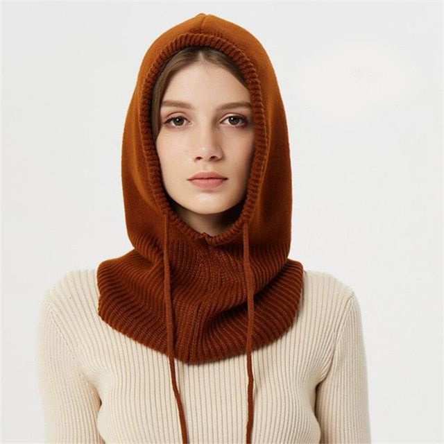 Knit Beanie with Attached Hood and Drawstring Adjustment for Wind Protection