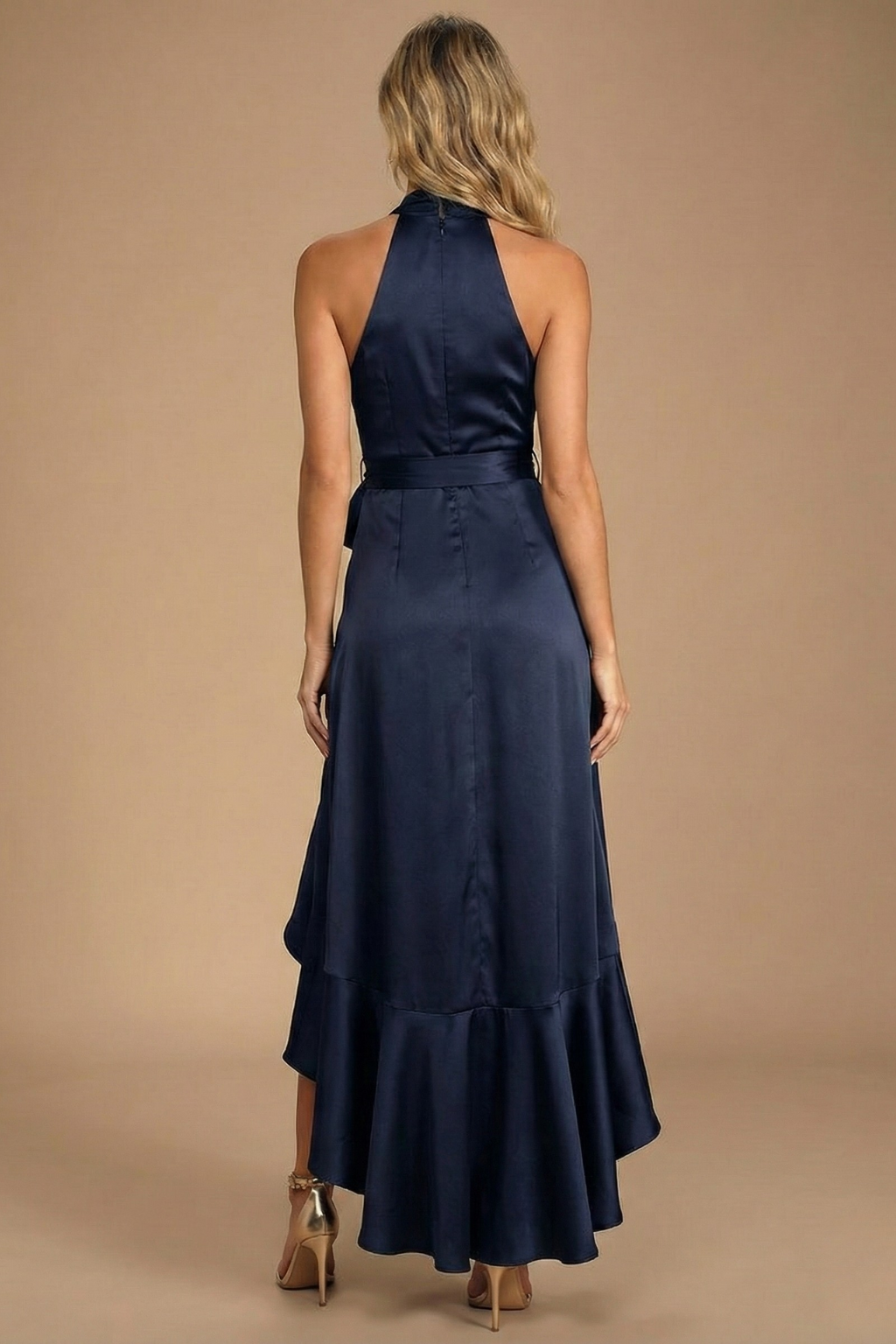 Women’s Halter Neck Maxi Evening Dress with Ruffle Detail and High Slit Elegant Occasion Gown