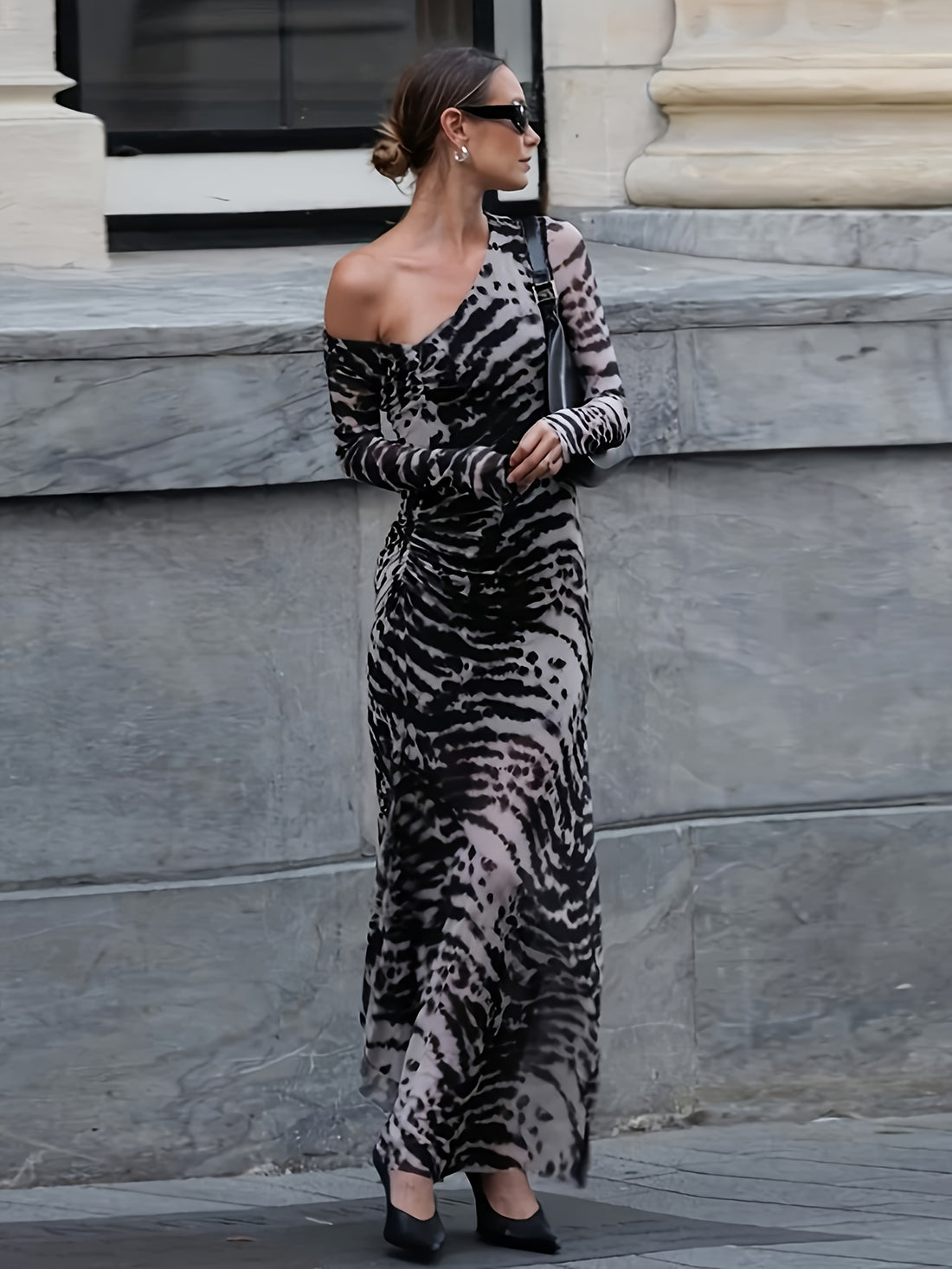Women's Zebra Print Long Sleeve Maxi Dress with Ruched Detail