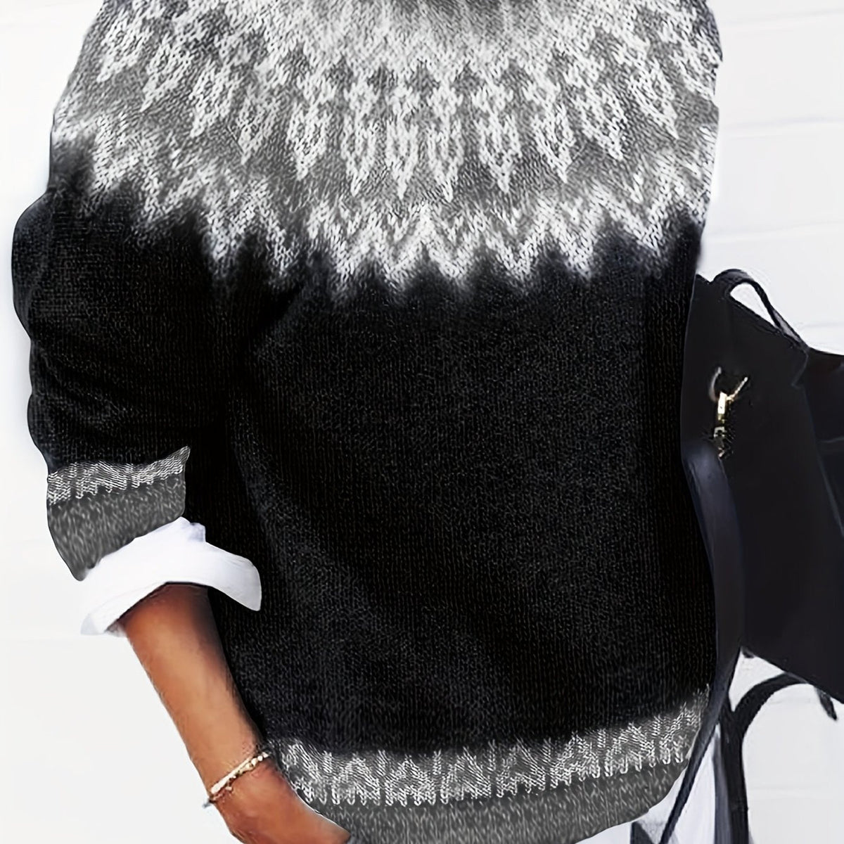 Chunky Knit Sweater with Jacquard Weave Pattern and Round Neck, Hip Length