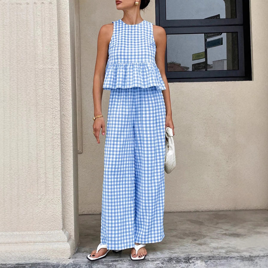 Women's Gingham Sleeveless Peplum Top and Wide Leg Pants - 2 Piece Set
