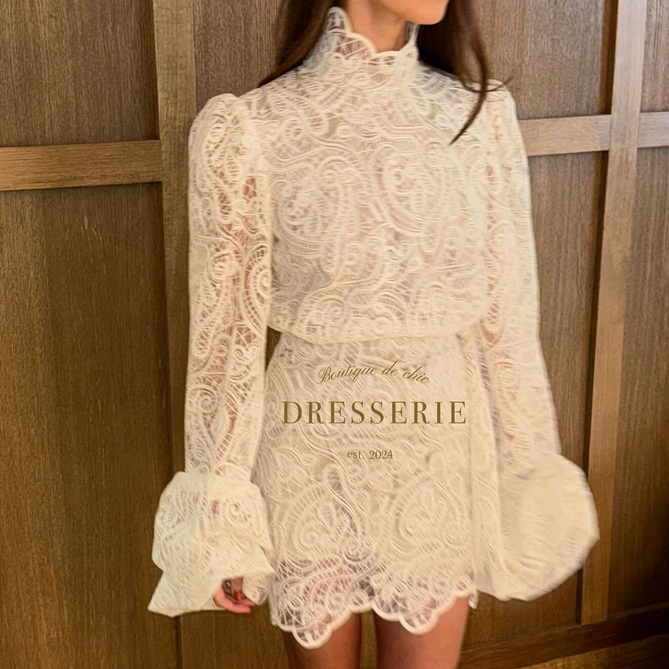 Women's High Neck Lace Bell Sleeve Top and Mini Skirt Two Piece Set