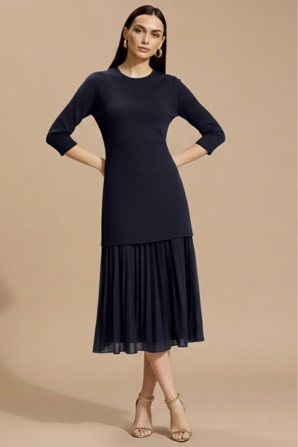 Women’s 3/4 Sleeve Pleated Midi Dress with Refined Knit Silhouette