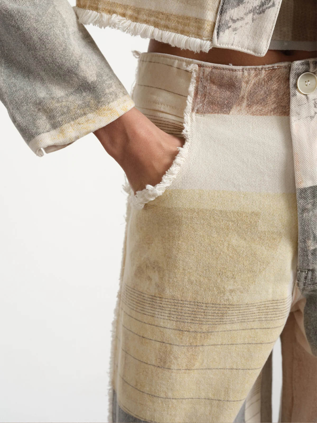 Women's Patchwork Print Wide Leg Jeans - High Rise Button Closure