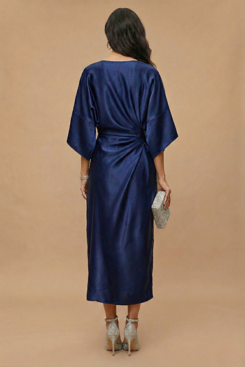 Women’s Elegant Wide Sleeve Maxi Dress with Draped Detail for Evening Occasions