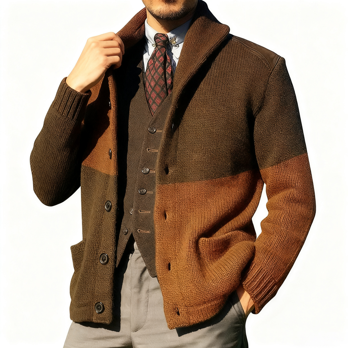 Knitted Jacket with Patchwork Color Blocking and Lapel Collar for Three Season Wear