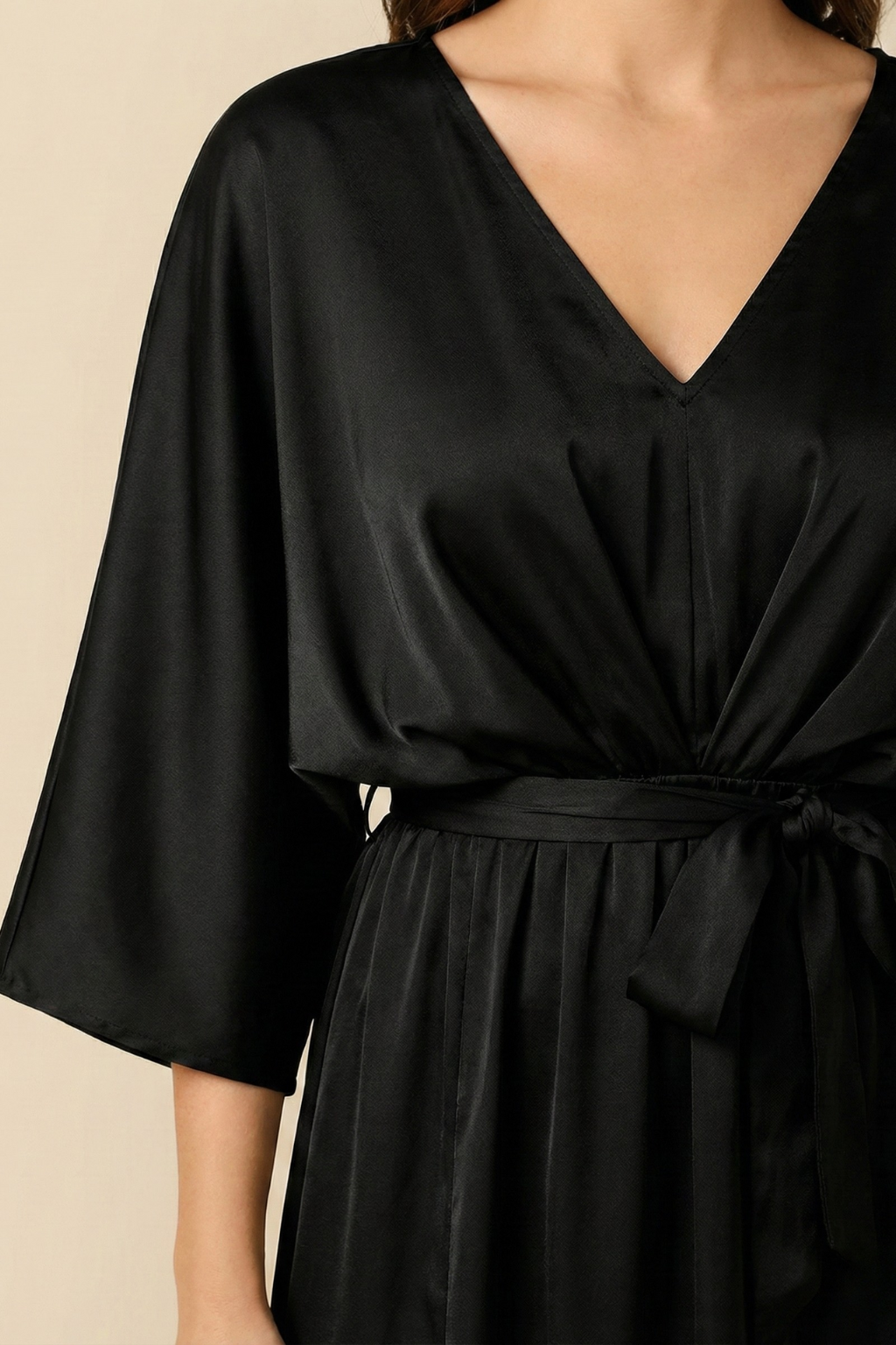 Women’s V-Neck Maxi Dress with Waist Tie and Kimono Sleeves – Occasion Wrap-Style Dress