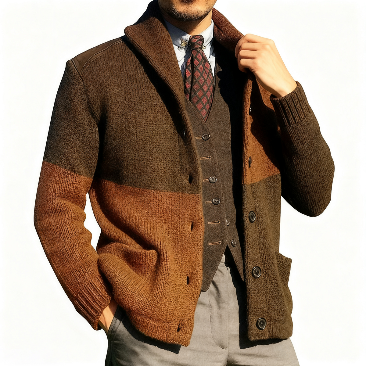 Knitted Jacket with Patchwork Color Blocking and Lapel Collar for Three Season Wear