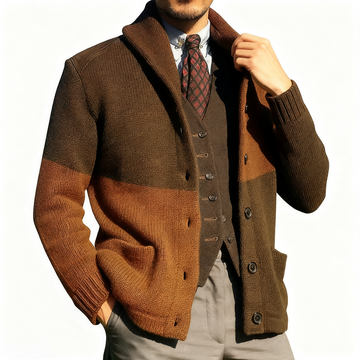 Knitted Jacket with Patchwork Color Blocking and Lapel Collar for Three Season Wear