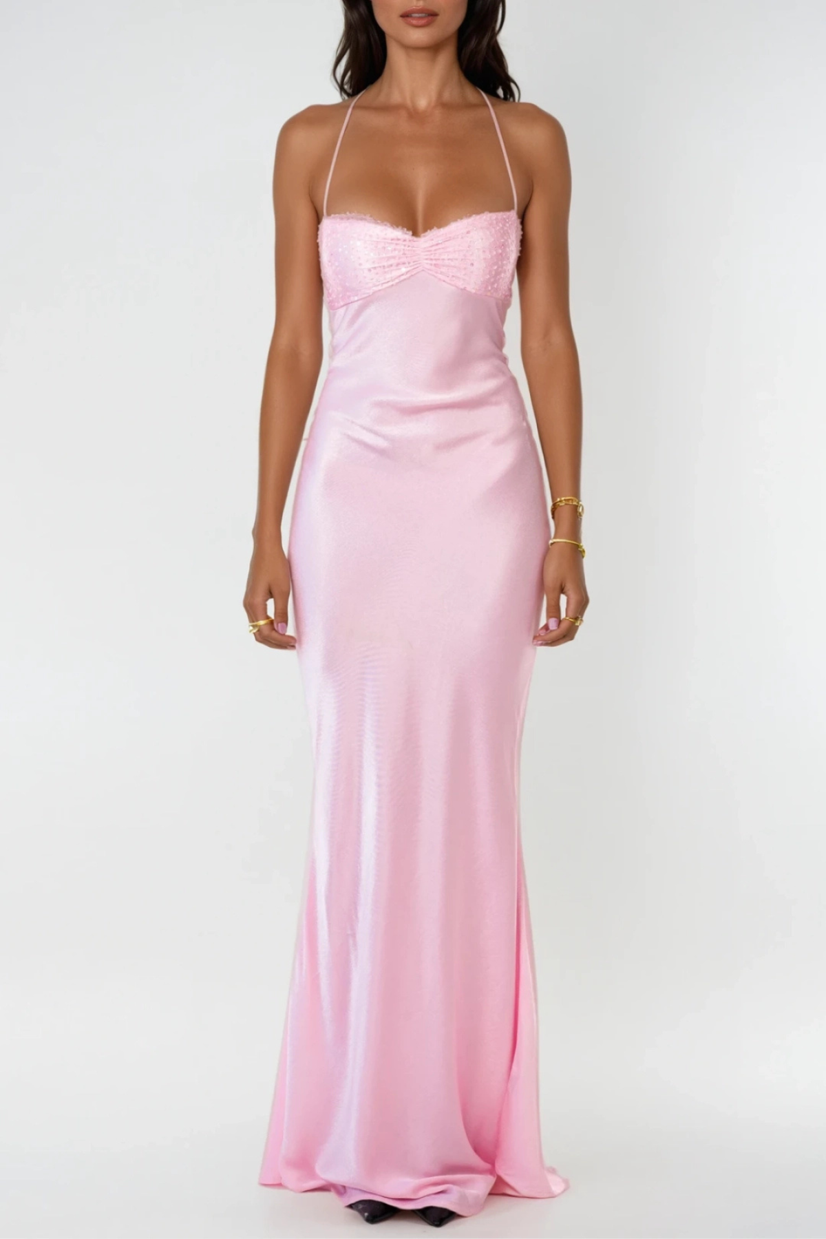 Women's Satin Maxi Dress Halter Neck Lace-Up Back