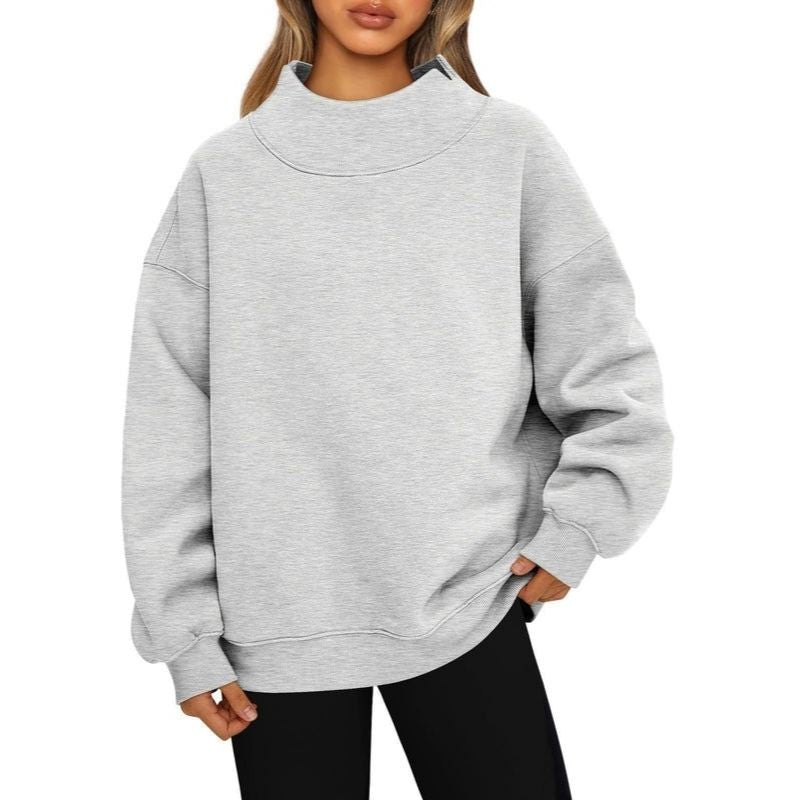 Women's Mock Neck Sweatshirt with Fleece Lining and Drop Shoulder Design, Asymmetric Slit