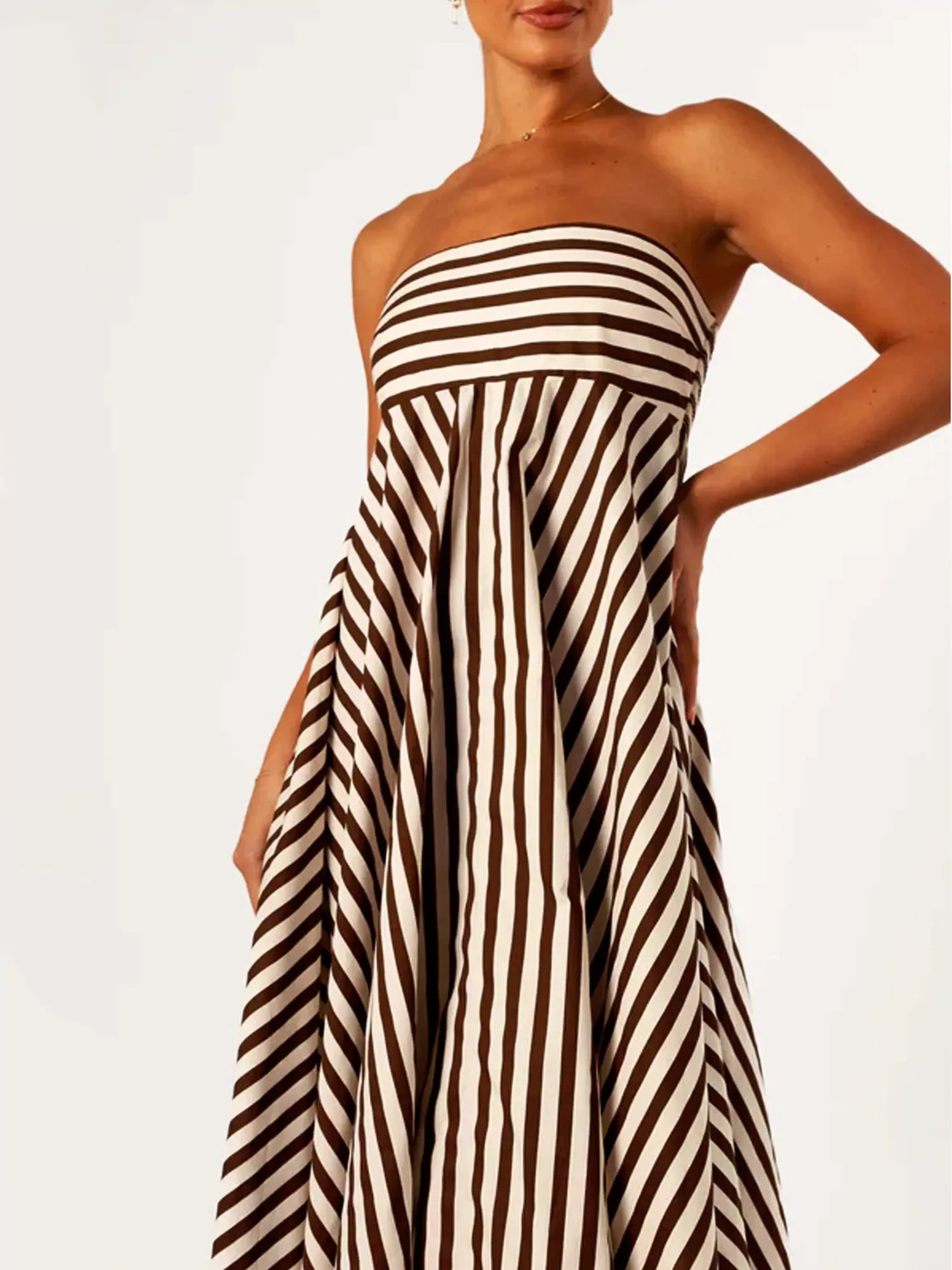 Women's Striped Strapless Bandeau Maxi Dress - Side Zip