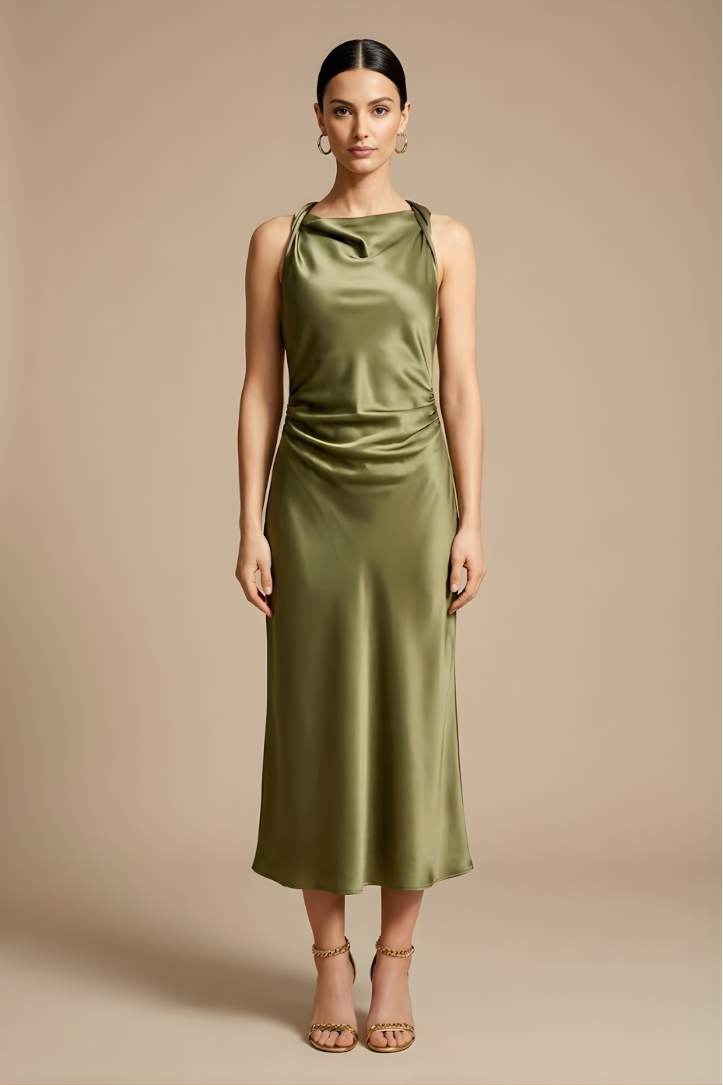 Women’s Elegant Sleeveless Midi Dress with Draped Neckline for Evening Occasions
