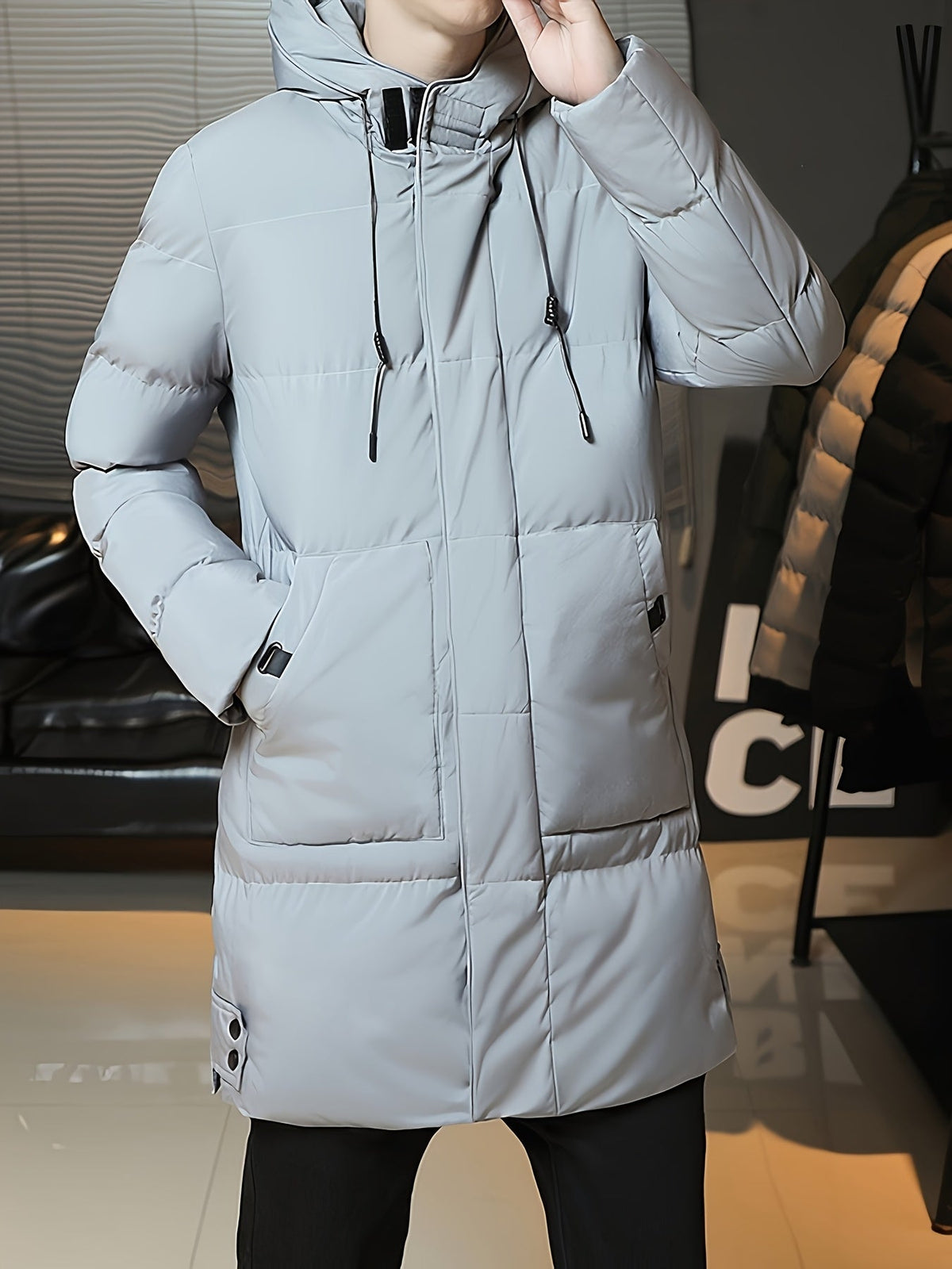 Padded Longline Coat with Adjustable Hood and Full Zipper