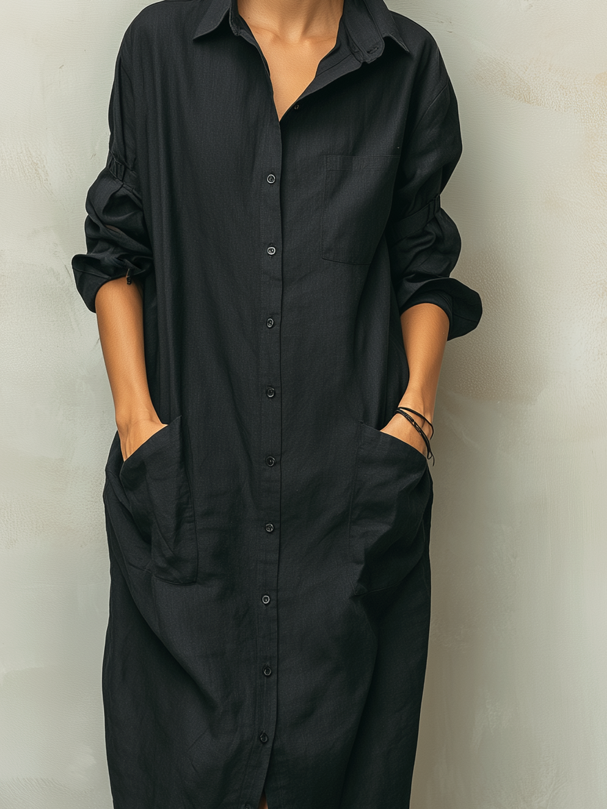 Women's Cotton Linen Midi Dress Shirt Collar