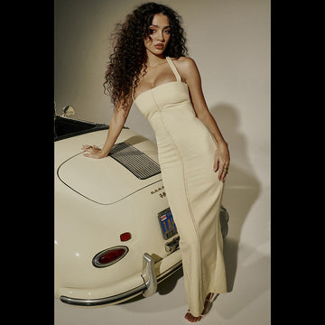 Women's Halter Neck Bodycon Maxi Dress - Front Zip - Back Split Hem