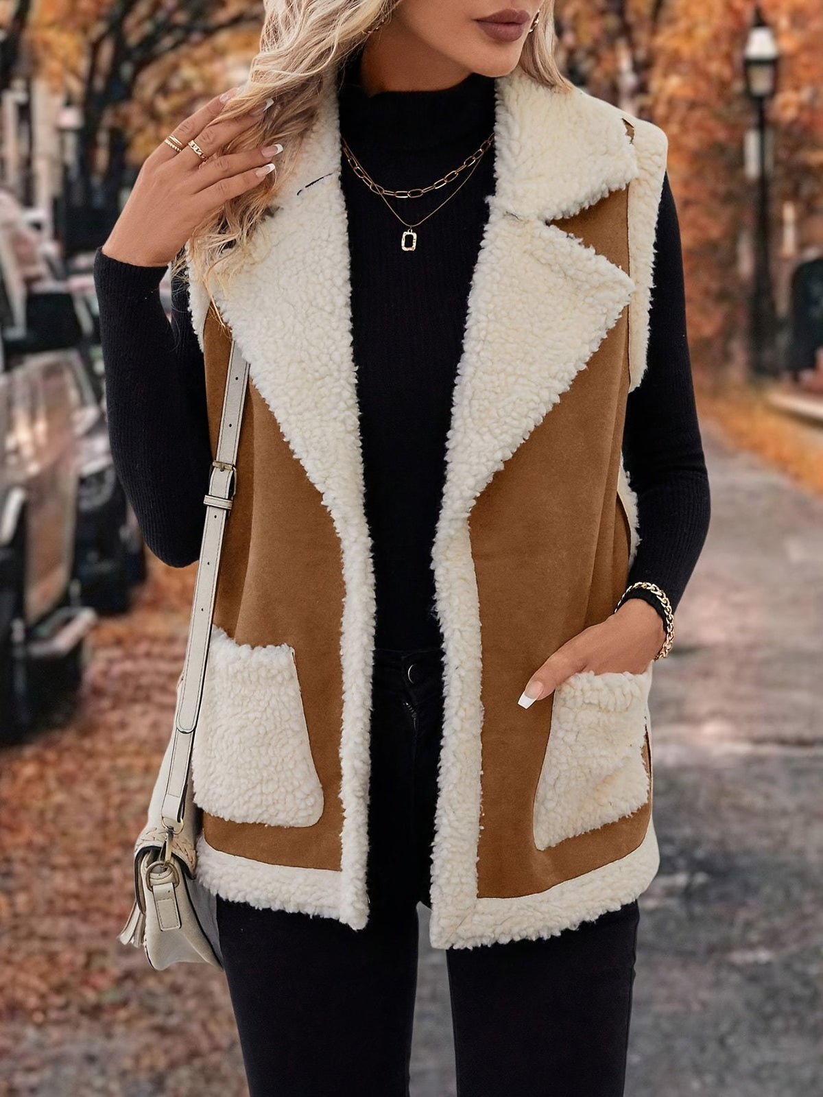 Open Front Vest with Plush Lining and Lapel Collar, Dual Pockets