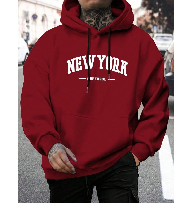 Mens Oversized Pullover Hoodie with Dropped Shoulders and Collegiate Chest Print