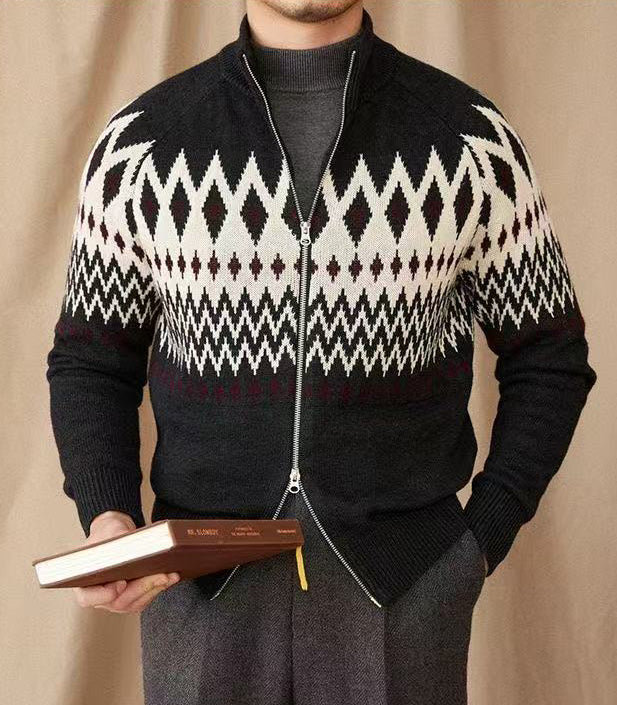 Thick Knit Cardigan with Full Zip and High Collar, Fair Isle Pattern