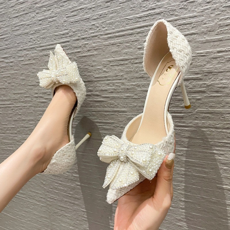 Women's Stiletto Heels - Pointed Toe - Embellished Bow Detail - D'Orsay Cut