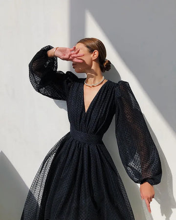 Women's Polka Dot Patchwork A-Line Dress - Puffy Long Sleeves