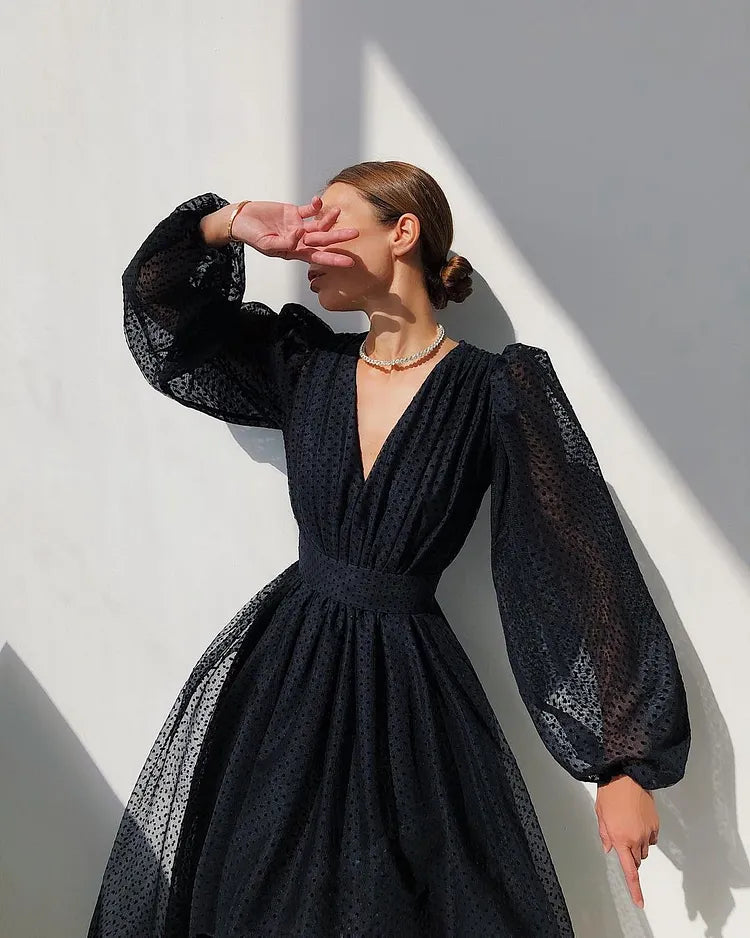 Women's Polka Dot Patchwork A-Line Dress - Puffy Long Sleeves